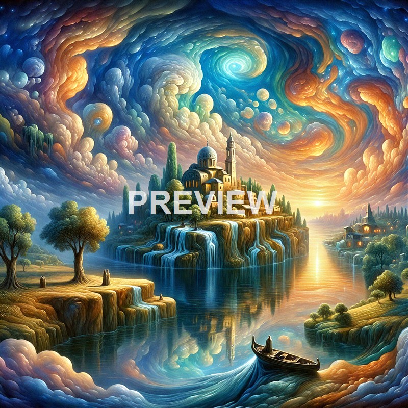 A fantastical landscape featuring a castle-like structure on a hill with waterfalls flowing into a river, under a swirling, colorful, cosmic sky with planets and clouds.